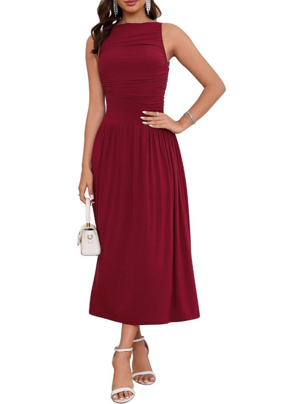Women's Burgandy Summer High Neck Drop Waist Formal Wedding Long Maxi Dresses